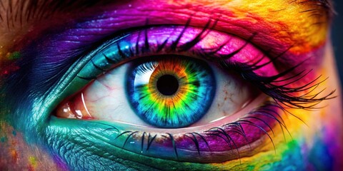 Obraz premium Close-up of a vibrant, colorful eye against a monochromatic background symbolizing vision and imagination, eye