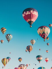 Obraz premium An enchanting overhead glimpse captures vibrant hot air balloons gracefully ascending into a bright azure sky at an aviation fair.