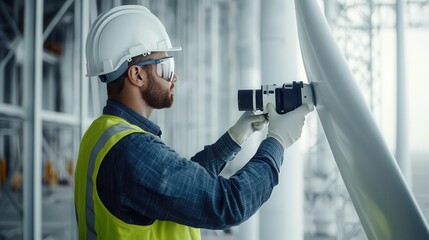 A wind turbine engineer conducting a blade inspection with a thermal camera, wind turbine, engineer, thermal camera