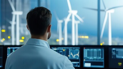 A wind turbine engineer in a control room analyzing data from multiple turbines, wind turbine, engineer, control room
