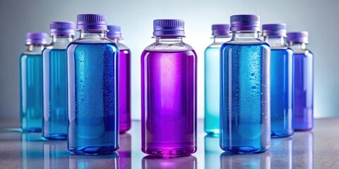 Blue and purple bottles of biogel , biogel, blue, purple, bottles, laboratory, science, research, biology