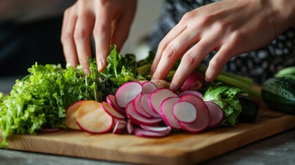 Fresh Salad Preparation: Close-up of hands meticulously arranging fresh, vibrant vegetables on a wooden cutting board, showcasing the artistry and care involved in creating a healthy, delicious meal. 