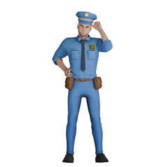 Male Cartoon Police with Badge. A male policeman stands with his right hand on his waist while his left hand is on his head as if he is thinking of something. 3D Illustration