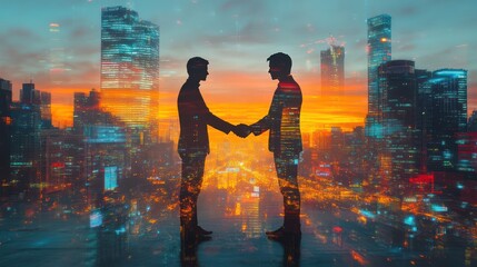 Fototapeta premium Cinematic double exposure of two silhouettes shaking hands set against a bustling city at sunset, with glowing skyscrapers and vibrant colors merging