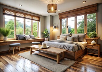 Fototapeta premium In a sunlit bedroom, wooden benches and modern furniture come together in harmony, creating a cozy retreat with