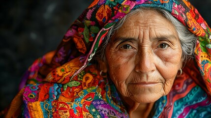 Close up Portrait of Elderly Woman in Traditional Colorful Headscarf