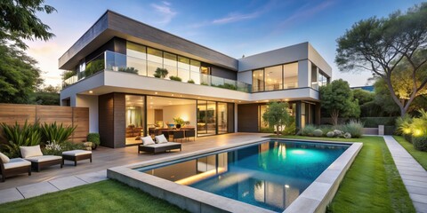 Modern house with a pool surrounded by a beautifully landscaped garden, modern, house, architecture, luxury