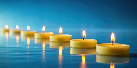 Calm row of yellow floating candles on serene blue backdrop, serene, peaceful, relaxation, tranquil, floating candles
