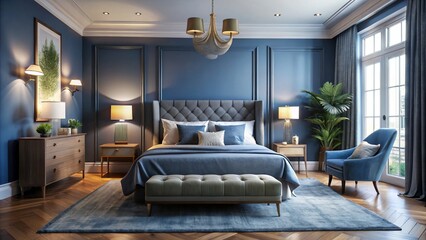 Indigo hues envelop the serene bedroom, where a plush upholstered bed and cozy furnishings invite relaxation and