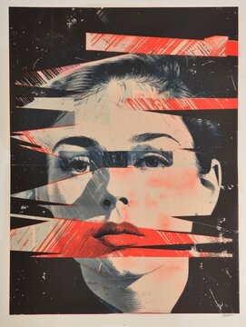 Artistic portrait featuring a woman's face with abstract red and black elements in a contemporary style