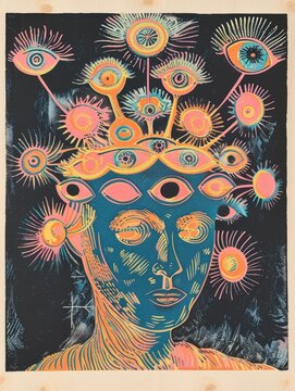 Artistic representation of a mind with multiple eyes in a surreal style, highlighting perception and consciousness
