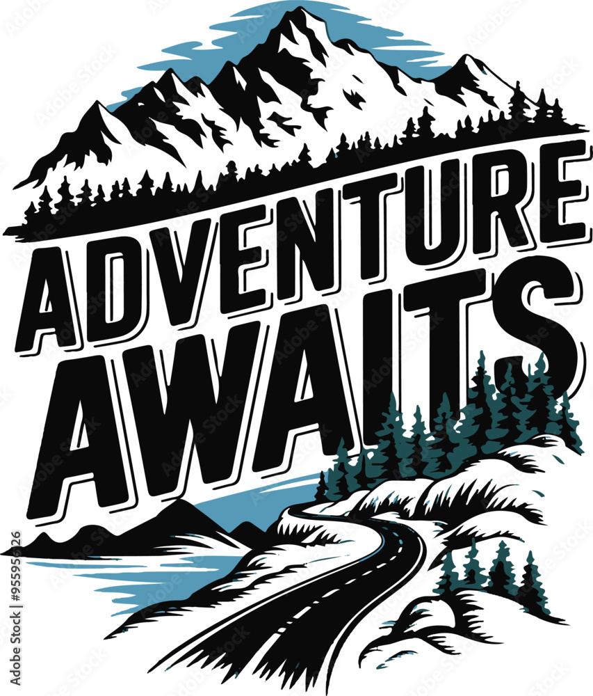 Wall mural adventure awaits illustration vector .