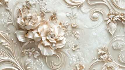 Elegant 3D Whimsical Floral Damask with Metallic Accents on Ivory Background