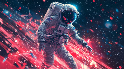 Fototapeta premium In a euphoric moment, the astronaut's soul dances amidst the stars as they make their inaugural touchdown in outer space. illustration of a space traveler. Traveler. Illustration