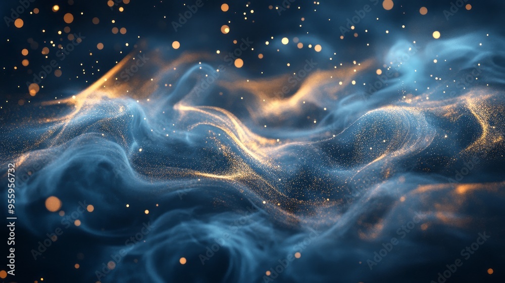 Wall mural Enchanting Whimsical Smoke with Golden Sparkles on Midnight Blue Background