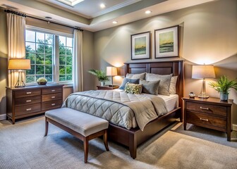 In this serene Delaware getaway, a plush bed, stylish dresser, and minimalist bedside tables create a calming oasis,