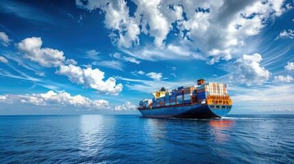 Cargo ship sailing on a clear blue sea.