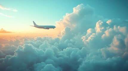 Airplane flying above clouds at sunset.