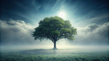 Obraz premium A mystical tree standing tall in the midst of thick fog , forest, misty, eerie, atmospheric, spooky, mysterious, spooky