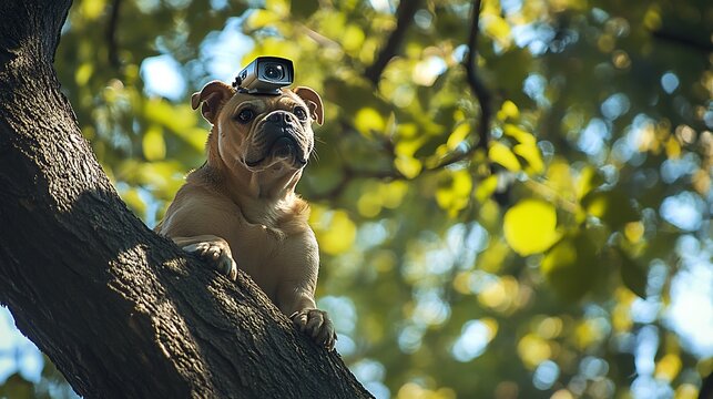 A dog sitting high in a tree, wearing a security camera as a helmet, observing the park below with a serious demeanor