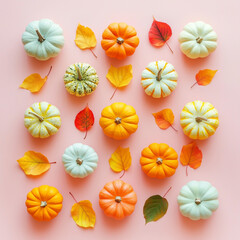 Simple autumn background, leaves and pumpkins on pastel background