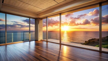 House room with breathtaking ocean view at sunset, ocean, view, sunset, room, house, scenic, peaceful, serene, evening