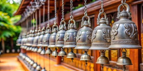 Silver bells hanging in the courtyard of a Buddhist temple, silver, bells, courtyard, Buddhist temple, religious, decor
