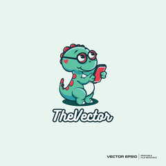 Obraz premium Cute dino holding gift logo, vector, mascot, character, cartoon, illustration, eps10