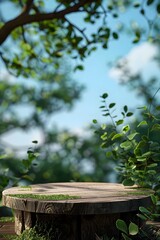 Wooden Podium With Blurred Greenery and Blue Sky Perfect for Eco Friendly Packaging Designs or Spring Concepts