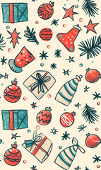 New Year's and Christmas festival seamless pattern in a 2D doodle illustrator style on pastel color backgrounds for graphic advertising.