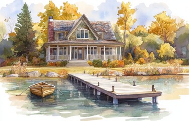 Obraz premium Watercolor Illustration of an Old House with Wooden Dock and Rowboat on a Lake, Surrounded by Trees, with White Blank Space for Minimalist Design and Copy Space
