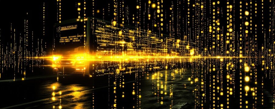 Digital school bus navigating through binary code, advanced student transportation systems, route optimization algorithms, futuristic safety monitoring, glowing cyberpunk urban landscape
