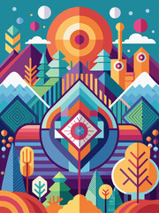 Obraz premium Abstract Geometric Landscape with Trees, Mountains, and a Central Eye