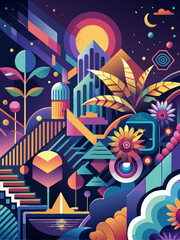 Obraz premium Abstract Geometric Cityscape with Flowers and Stars