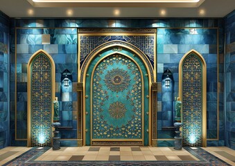 3D green background with a golden Islamic arch and decorative elements for Ramadan, Eid Mubarak 