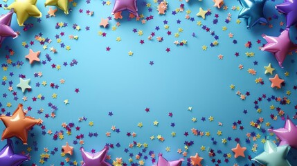 Fototapeta premium Colorful balloons and confetti on a blue wall with a star-patterned surface,