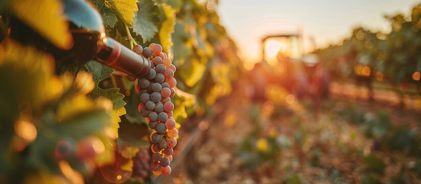 Wine Bottle Hanging From Vine in Vineyard at Sunset