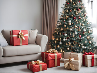 Beautifully wrapped gift boxes under Christmas tree in living room