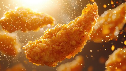 Crispy fried chicken tender pieces floating in golden light, highlighting their delicious texture and appetizing appeal.