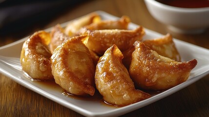 Golden brown dumplings served on a plate, perfect for appetizers or snacks, accompanied by a flavorful dipping sauce.