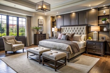 Sleek and modern bedroom design boasting a plush bed, cozy seating, and generous storage options from a respected