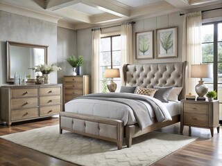 Fototapeta premium Sleek lines, wood accents, and tufted headboard in soft neutral hues define this contemporary bedroom set, a haven