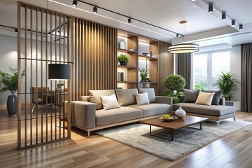 Fototapeta premium Sleek, minimalist decor combines with a room divider to create a trendy living space, injecting contemporary flair into