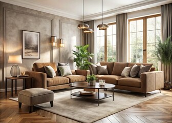 Fototapeta premium Sleek suede furniture in neutral hues elevates the living room's elegance, infusing warmth and sophistication while