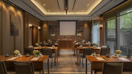 Obraz premium A modern conference room with a projector screen, a long wooden table with chairs, and natural light from a window.