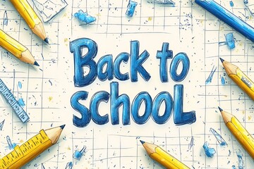 Back to School Illustration with Pencils and Ruler on Grid Paper