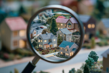 a residential rental neighborhood with miniature homes and a magnifying glass focused on one of the buildings.