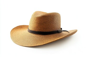 Straw Cowboy Hat with Brown Band and White Background