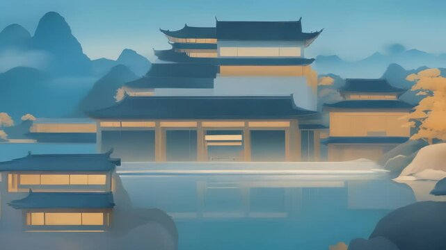 Traditional Chinese Architecture by the Lake at Sunset