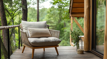 Fototapeta premium A comfortable, cozy upholstered vintage armchair with a cushion on the porch of a modern glamping site. 